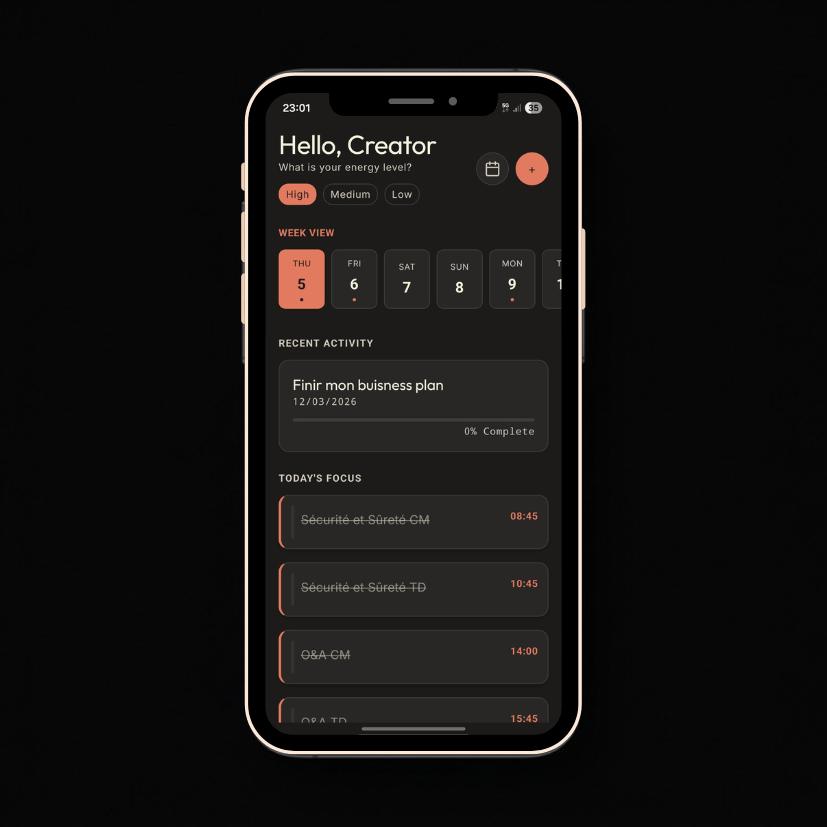 Eôs dashboard showing weekly calendar, tasks, and goal progress