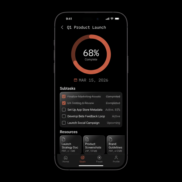 Eôs Goal Detail screen showing progress ring, subtasks, and deadline
